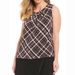 NEW Calvin Klein Plaid Jersey Pleat Neck Top Size 2X Shell Blouse Bohemian‎ NWOT